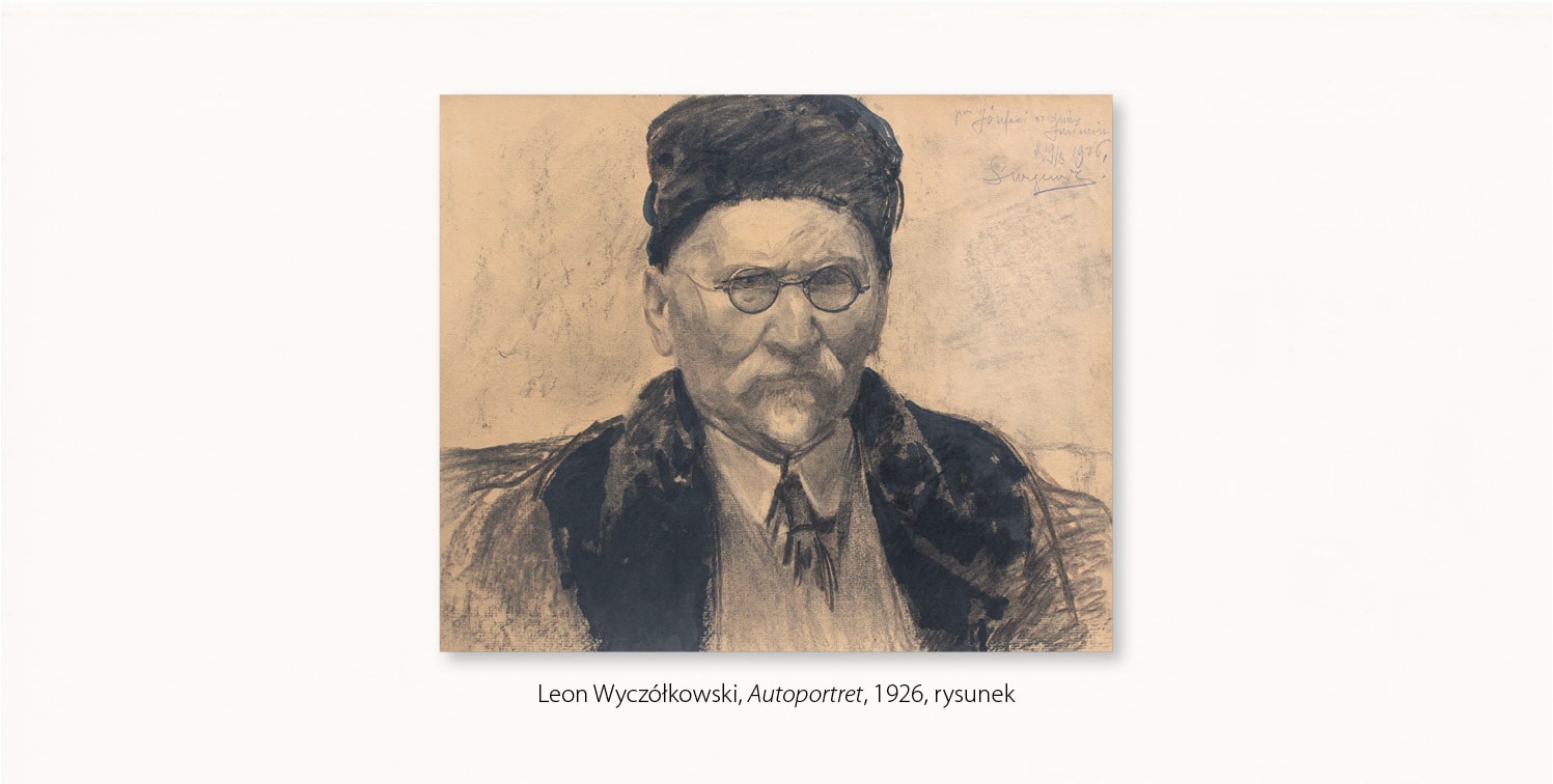 Leon Wyczółkowski, Autoportret – przedstawia starszego mężczyznę w popiersiu, w ujęciu en face, ubranego w koszulę z krawatem, kamizelkę i pelisę oraz futrzaną czapkę; twarz smukła, na nosie binokle, usta okolone wąsem i niewielką bródką